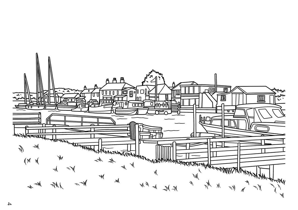 Black and white line art illustration of a canal scene with boats, houses, and birds, shown vertically on a white background.