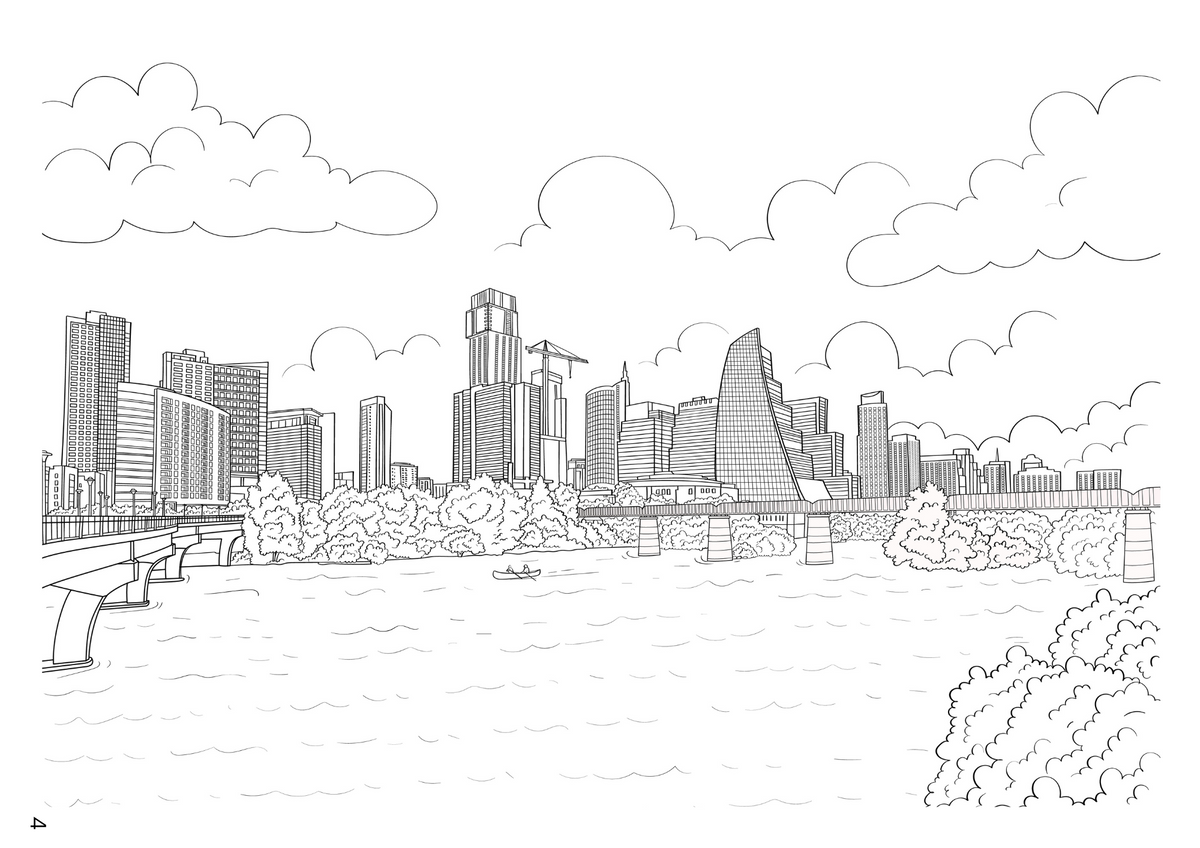 Black and white line art illustration of a city skyline with skyscrapers, trees, clouds, and water, shown upside down in the frame.