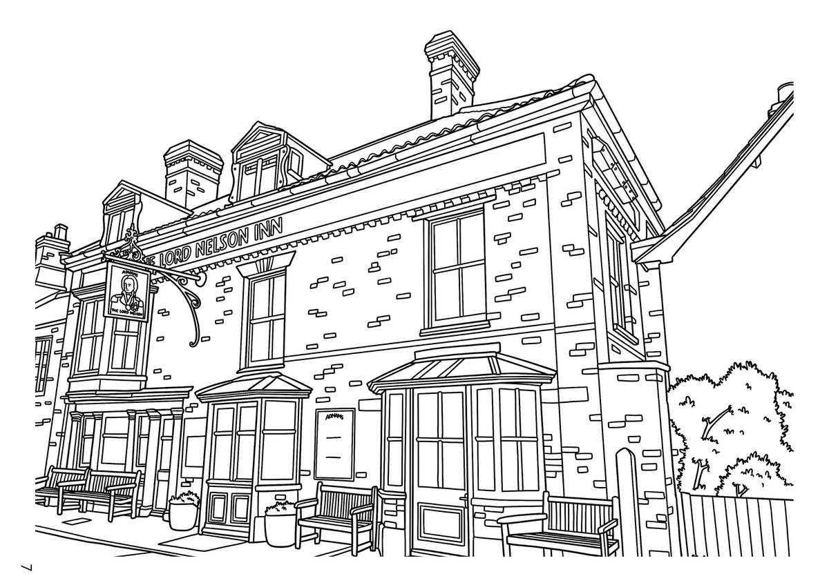 Black and white architectural line art illustration of a multi-story building facade, shown rotated sideways, with a small page number 7 in the bottom right corner.