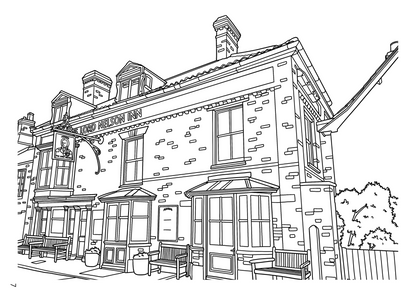 Black and white architectural line art illustration of a multi-story building facade, shown rotated sideways, with a small page number 7 in the bottom right corner.