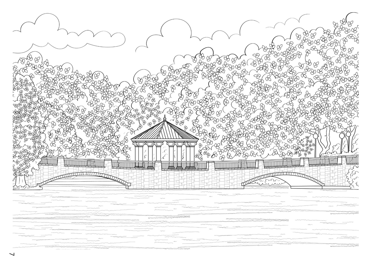 Black and white line art illustration depicting a scenic landscape with a pavilion, stone walls, arches, and dense foliage, oriented sideways.