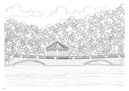 Black and white line art illustration depicting a scenic landscape with a pavilion, stone walls, arches, and dense foliage, oriented sideways.
