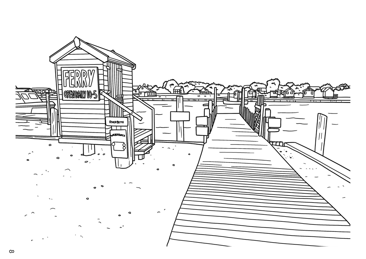 Black and white line art illustration of a small wooden ferry boat with the words 'FERRY BOAT' on it, shown on a plain white background.