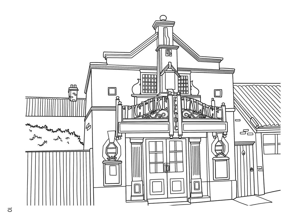 Black and white architectural line art illustration of a building facade with ornate balcony details, shown rotated sideways on a white background.
