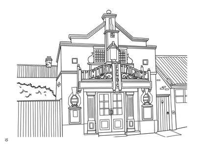 Black and white architectural line art illustration of a building facade with ornate balcony details, shown rotated sideways on a white background.