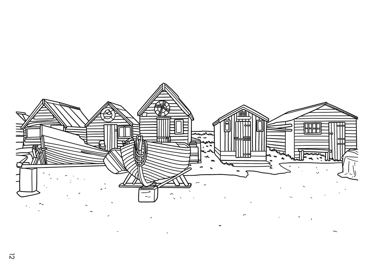 Black and white line art illustration of a row of small wooden houses or cabins, shown upside down on a plain white background.