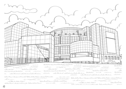 A black and white line art illustration of a modern building with grid-like window patterns, stylized clouds, and handwritten text along the right side, resembling a sketch or design page.