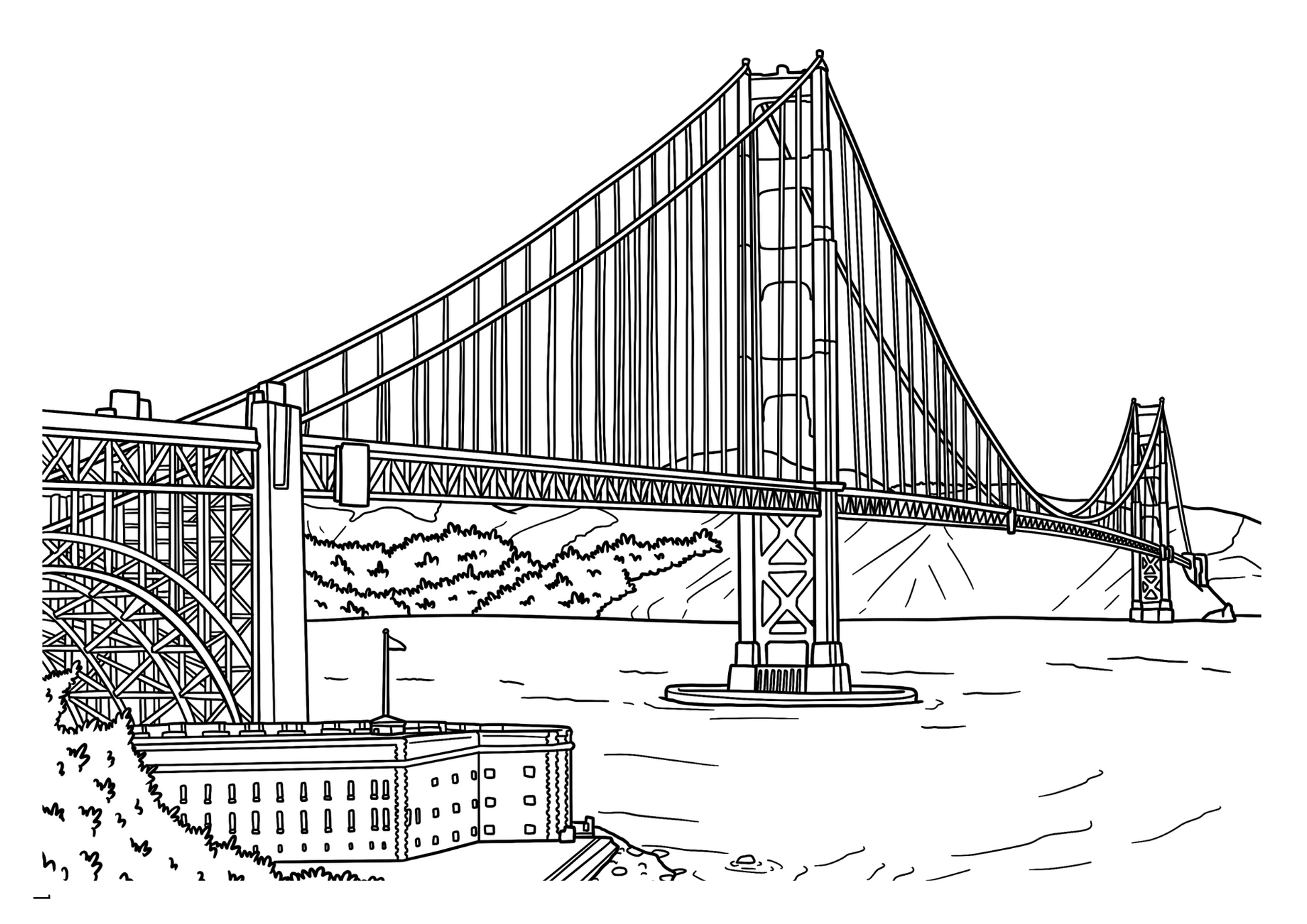 Black and white line art illustration of a suspension bridge with a large canopy, trees, and a building on a plain white background.