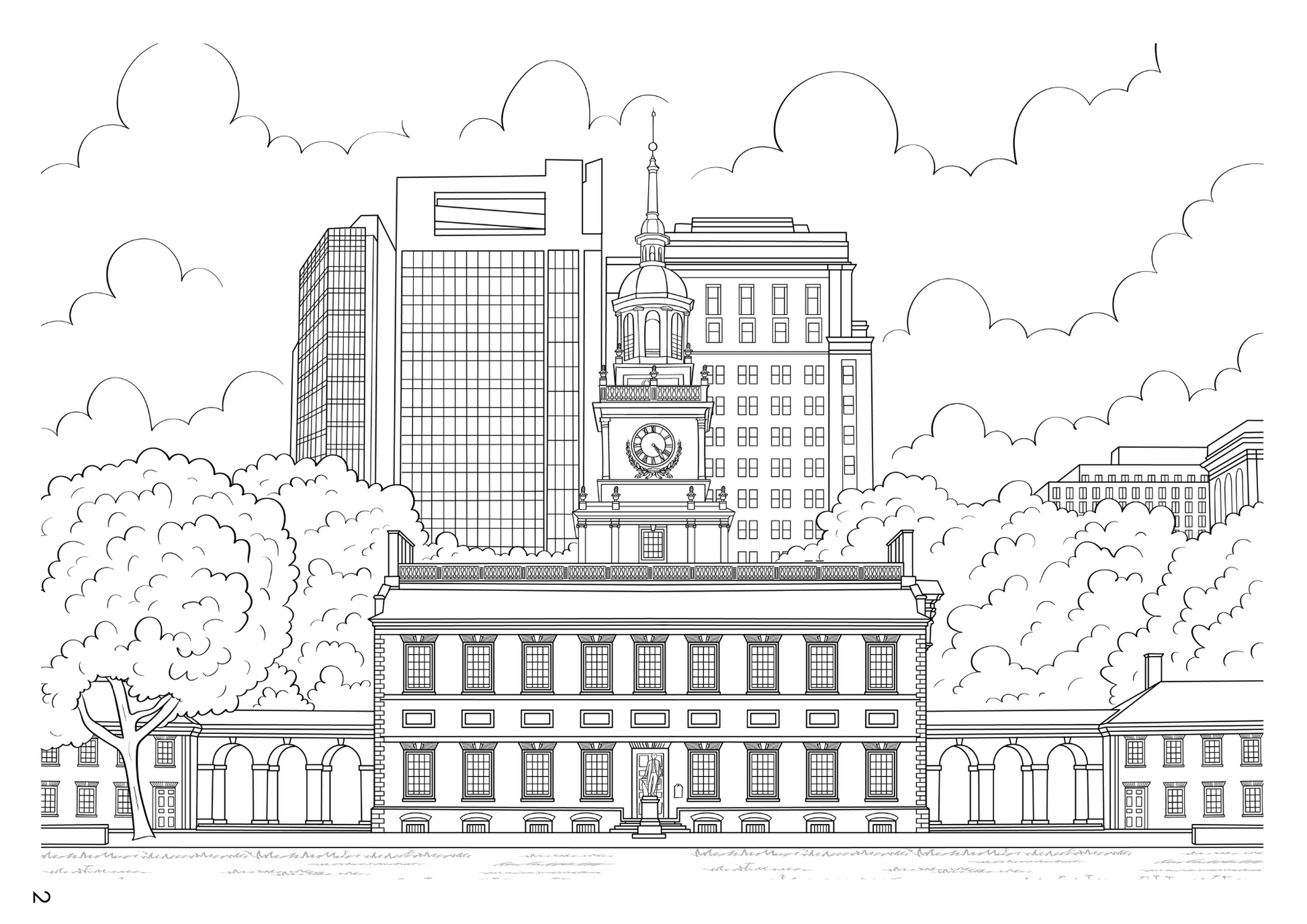 Black and white line art illustration of a city street scene with buildings, trees, and clouds, shown upside down.