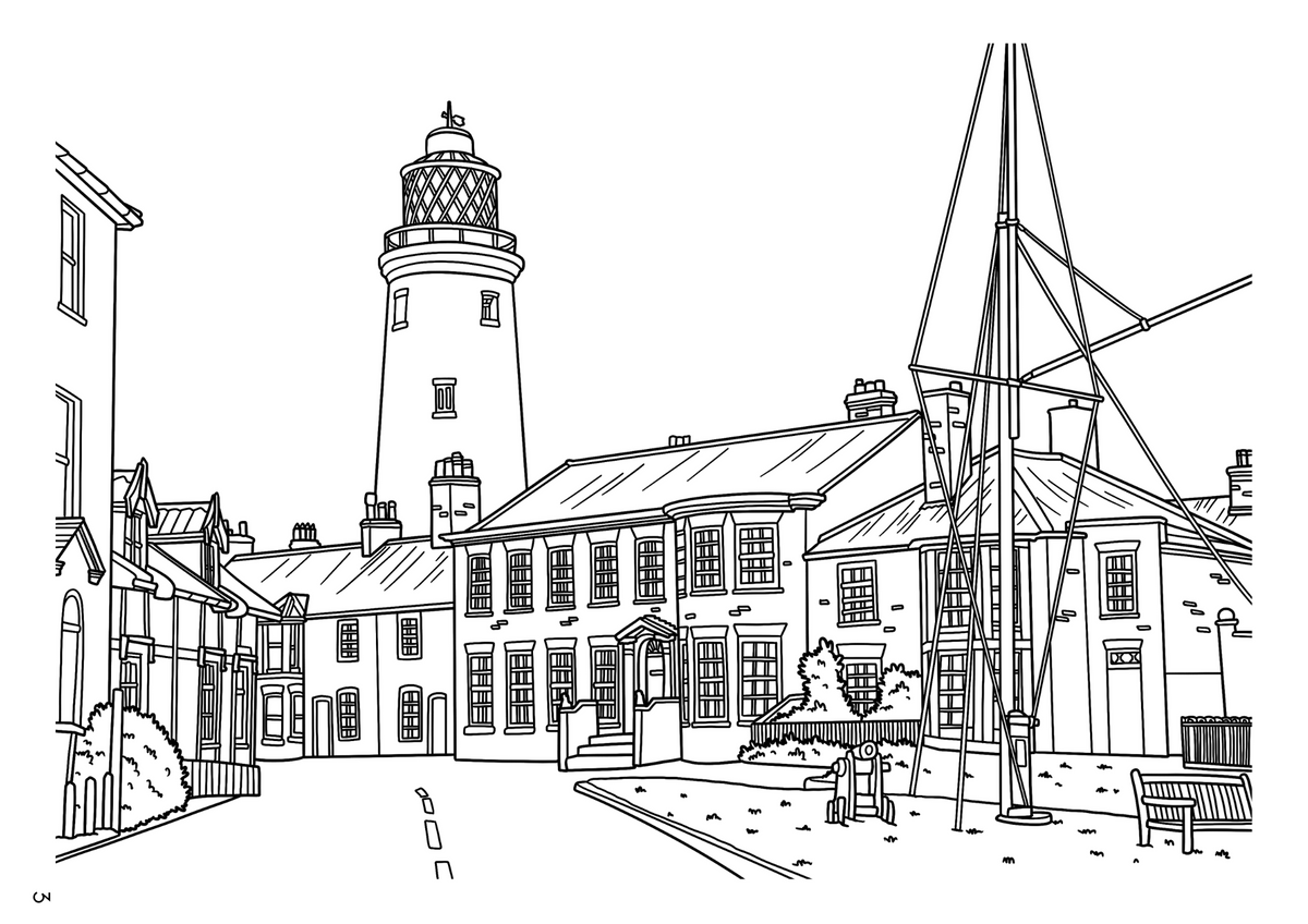 Black and white line art illustration of a historic European town square featuring a prominent lighthouse, old buildings, and a tall mast, shown upside down.