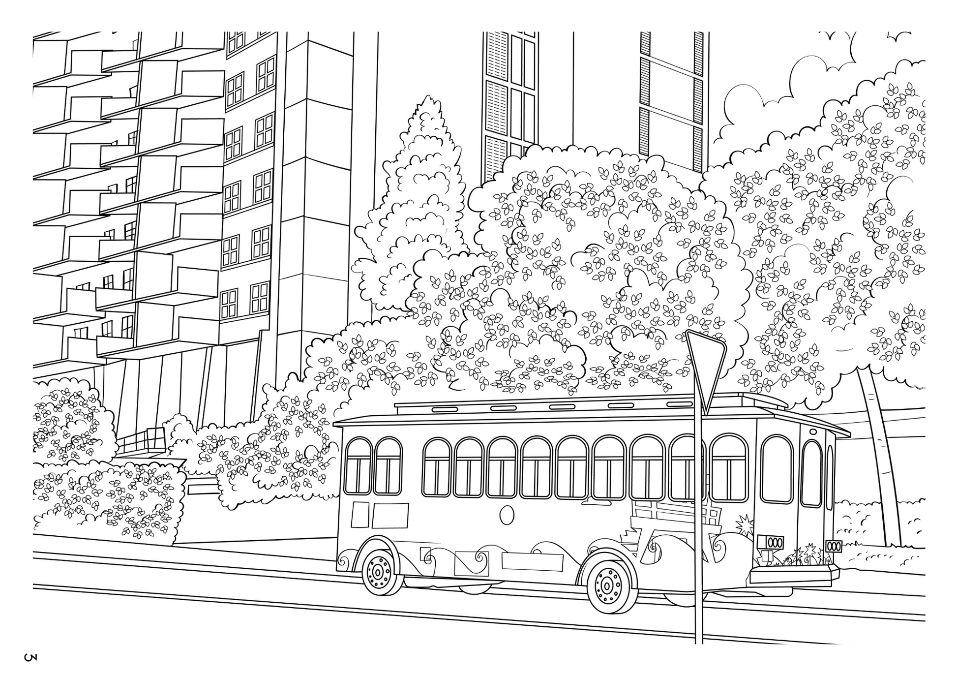 Black and white line art illustration of a city street scene featuring a bus, trees, buildings, and road details.