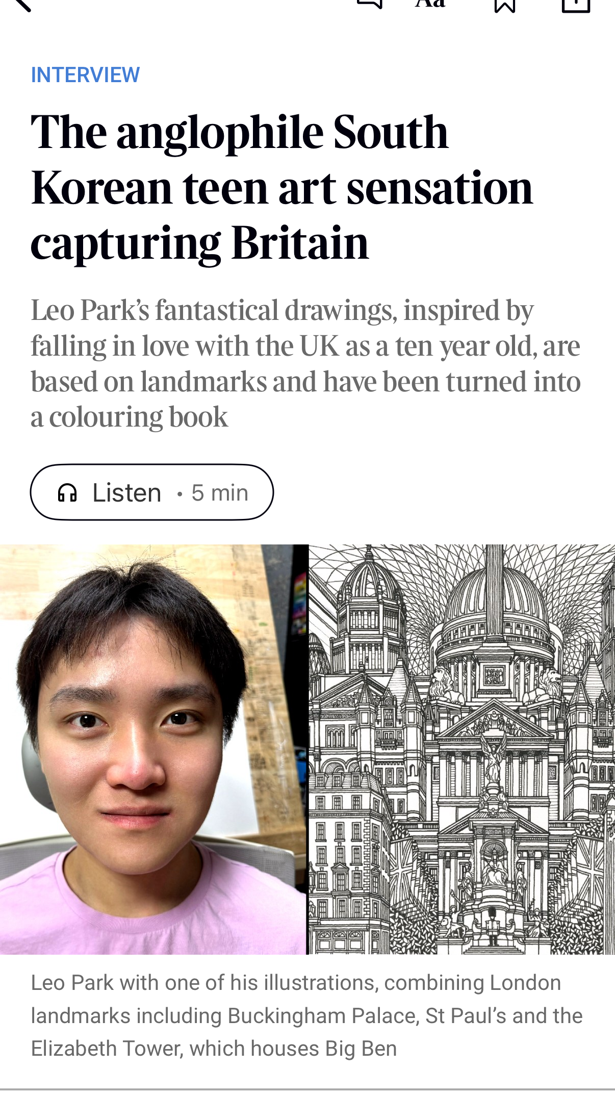 A mobile app screenshot showing an article about Leo Park, with the headline 'The anglophile South Korean teen art sensation capturing Britain,' a short summary, a 'Listen' button, a portrait photo of Leo Park, and a black-and-white architectural illustration.