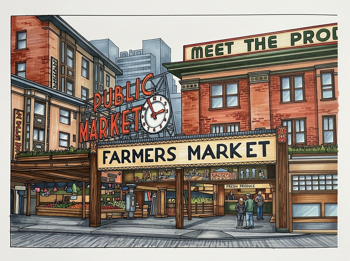 Illustration of a street scene with a Farmers Market sign and people walking.