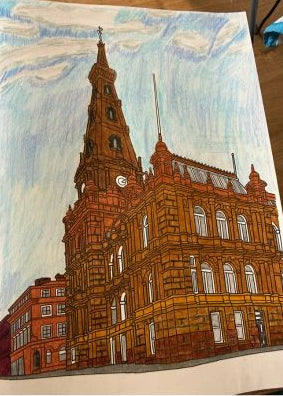 Colorful drawing of a large building with intricate details on a white background